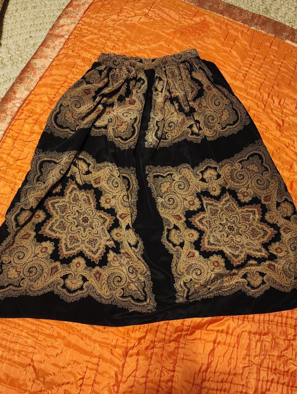VTG 70s 80s Gloria Sachs New York Paisley Mandala Midi Skirt Black Gold‎ Pockets